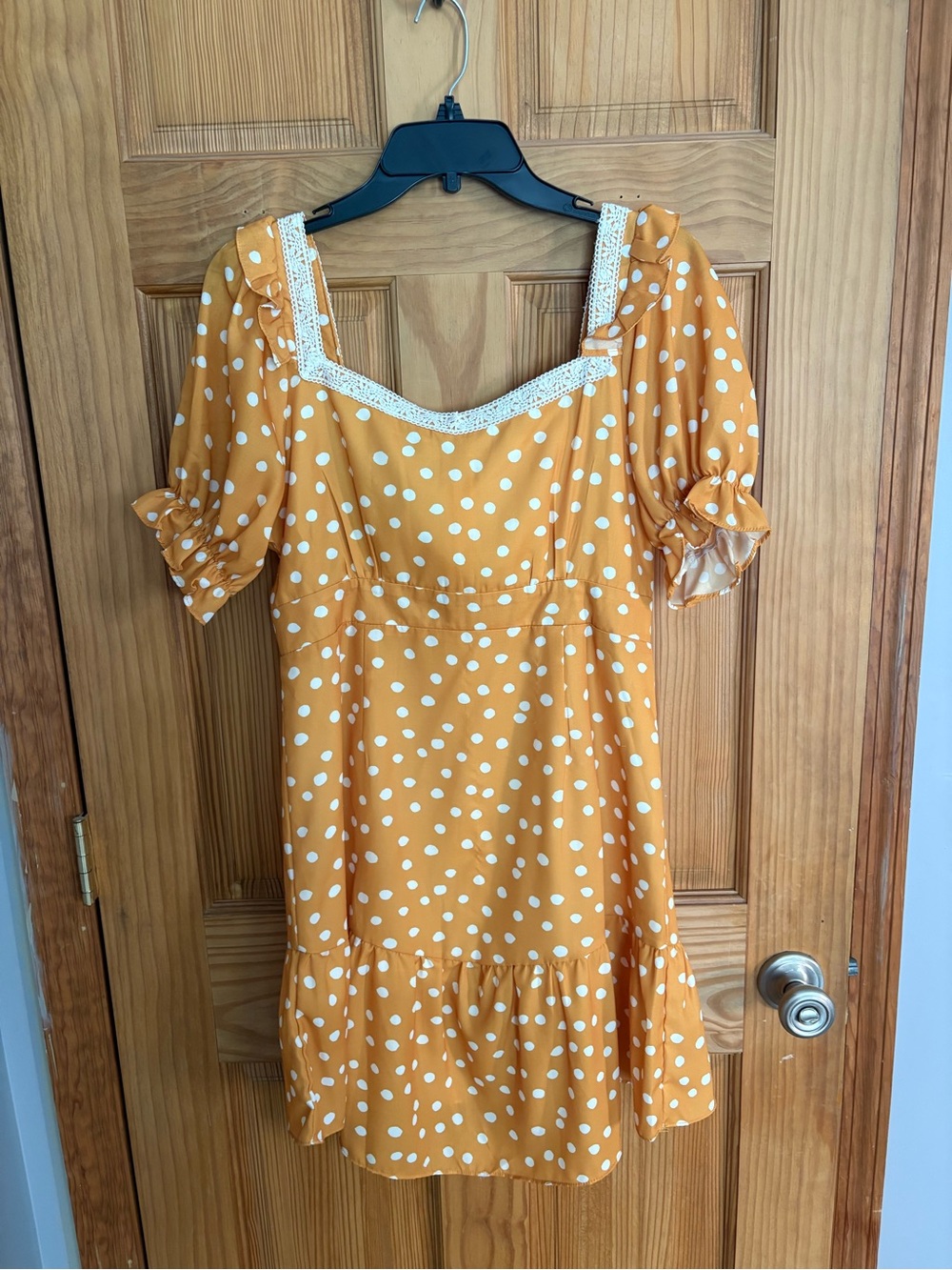 Square-Neck Polka Dot Mini Dress with Lace Trim - Mustard
